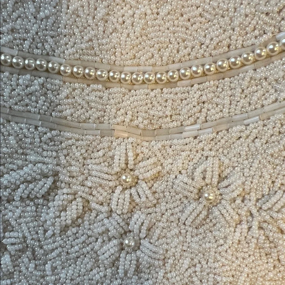 Vintage Bridal Chic Cream Beaded Clutch with Silver Accents Seed Pearls